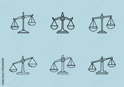 Set of six different balance scales on a light blue background, memorial day illustration