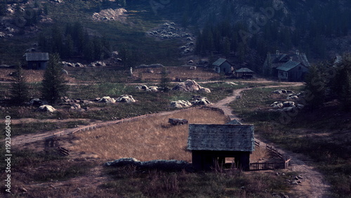 Slika na platnu A tranquil scene of an open field with dry grasses gently swaying