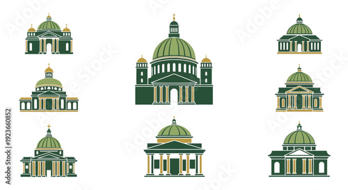 Classic European Architecture Icon Set: Cathedral, Basilica, and Government Building Vector Symbols with Green and Gold Elegant Style