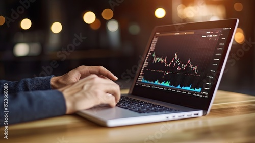 A man types on a laptop. A stock price chart is displayed on the laptop screen
