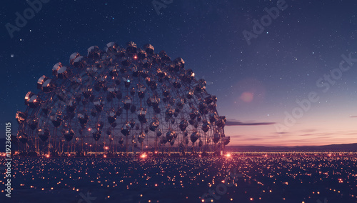 Surreal dome sculpture at dusk with glowing lights and starry sky, cinematic and tranquil