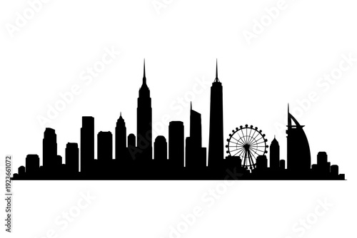 Black silhouette of iconic city skylines including famous landmarks.