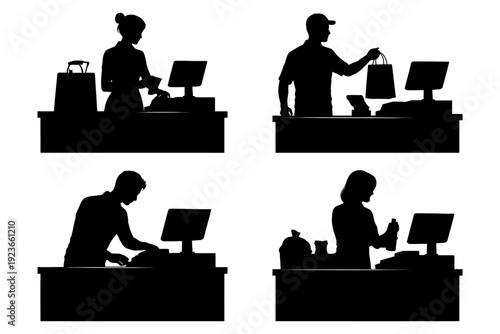 Silhouettes of diverse cashiers at checkout counters in varied retail scenes.