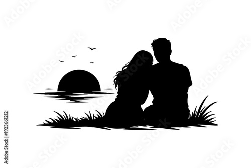Silhouette of couple watching sunset near water with birds in sky.