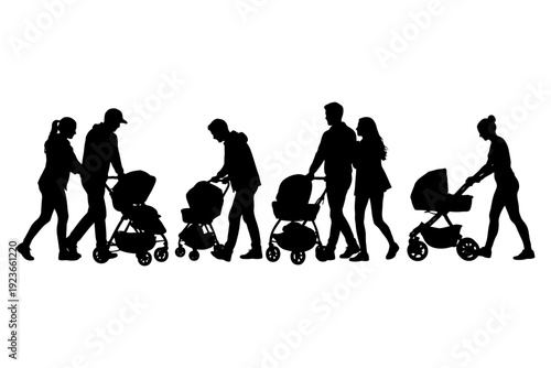 Silhouettes of diverse adults walking with baby strollers.