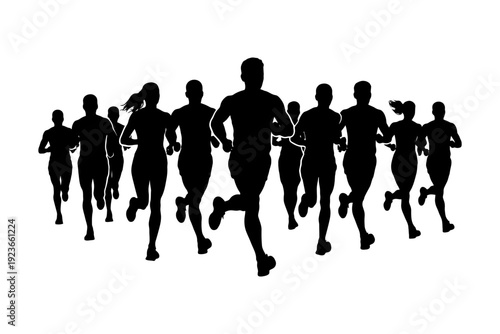 Silhouette of diverse runners: group of male and female adults in motion.