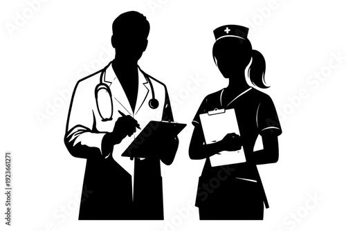 Silhouettes of medical professionals: male doctor and female nurse with clipboards.