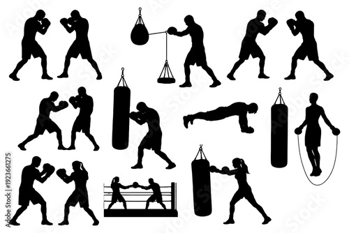 Silhouettes of boxers training: punching bags, jump ropes, and sparring.