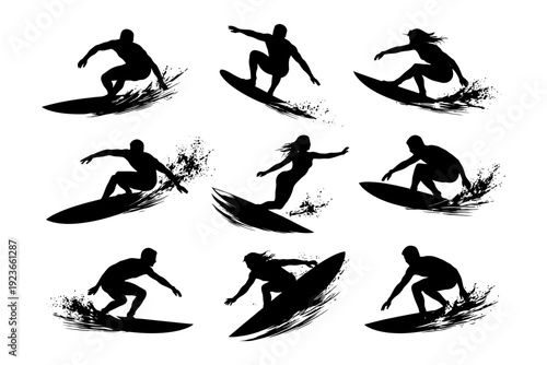 Dynamic silhouette surfing collection: male and female surfing poses and action.
