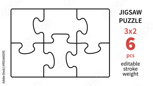 Cutting lines grid design for kids jigsaw puzzle. Jigsaw puzzle blank template. 6 pieces. Editable stroke weight. Vector illustration.