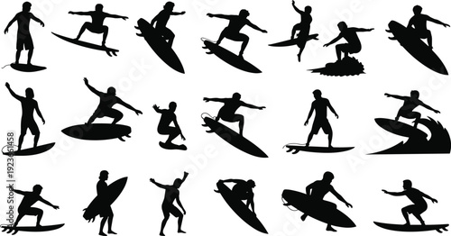 Surfing silhouettes set, surfer riding waves poses collection, extreme ocean water sport action, beach lifestyle, black vector illustration