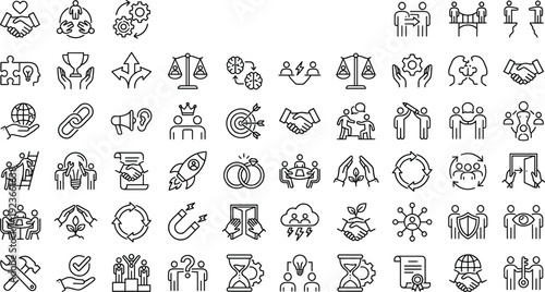 Teamwork collaboration leadership line icon set, partnership trust support innovation growth, business community cooperation outline vector symbols