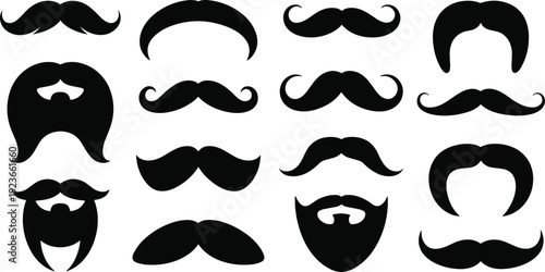 Facial hair silhouette collection, mustache beard vector, grooming style illustration, masculine design art, black white fashion concept icon