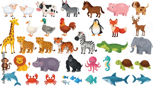 Large animals collection safari farm sea and zoo cartoon vector illustration isolated background