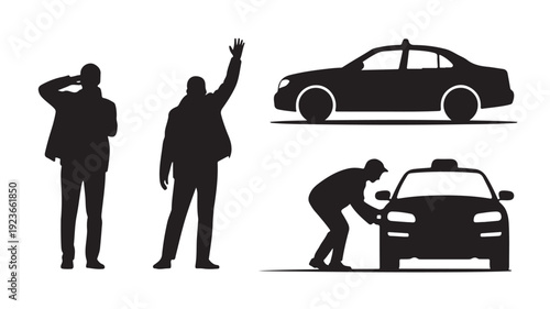 Vector Illustration Of Silhouetted Men Interacting With Cars For Transport And Automotive Concepts