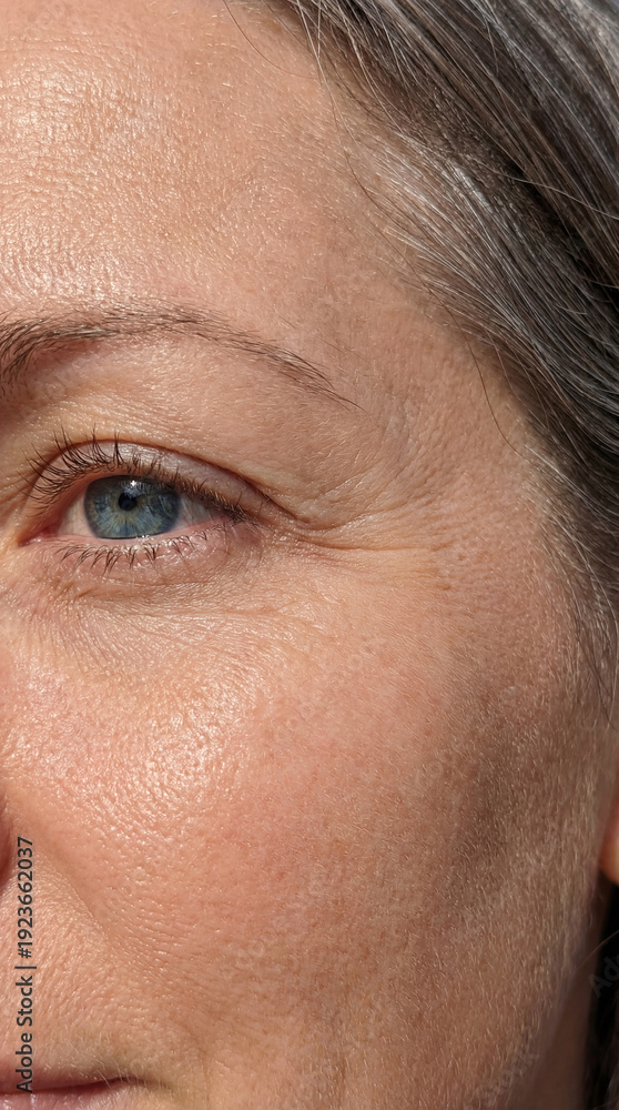 Fototapeta premium Woman looks at camera showing signs of aging with fine lines around eyes. Close-up portrait highlights skin texture and features. Concept of skincare, beauty, wellness