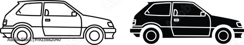 Set of small hatchback car icons in line art and solid black silhouette styles for automotive transport vehicle and city driving concept on white background