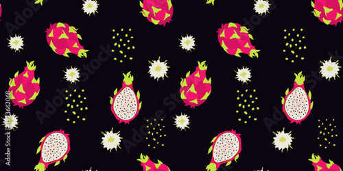 Exotic dragon fruit seamless pattern on black background for luxury packaging