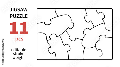 Cutting lines grid design for kids jigsaw puzzle. Jigsaw puzzle blank template. 11 pieces. Editable stroke weight. Vector illustration.