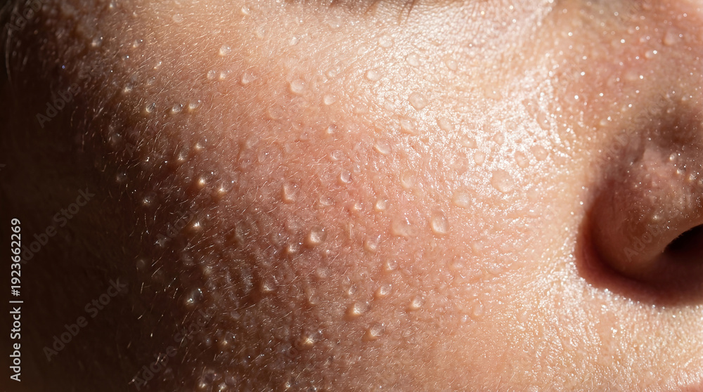 Fototapeta premium Close-up view of skin with water droplets highlighting texture and freshness. Bright setting focusing on facial details. Concept of skincare, beauty, wellness