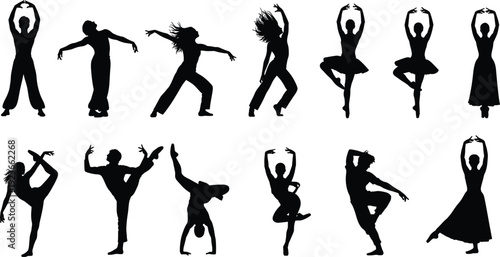 Dance silhouettes collection with modern and classical performers, dynamic ballet and contemporary poses, black vector isolated illustration setv