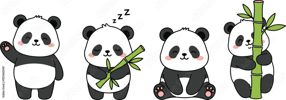 Obraz premium Cute panda cartoon collection with bamboo eating and sleeping vector illustration isolated background