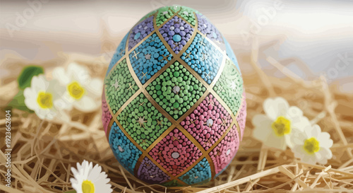 Exquisite hand painted easter egg featuring intricate dot art patterns and gold accents resting gently in a bed of natural straw with delicate spring blossoms.