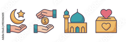 Islamic charity event flat vector icons – Great for humanitarian aid brochures, religious apps, or social welfare posts.