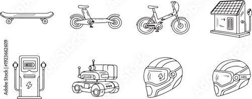 Set of modern transportation icons including electric vehicles and safety gear