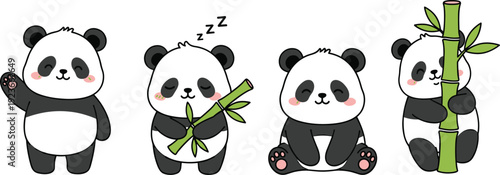 Cute panda cartoon collection with bamboo eating and sleeping vector illustration isolated background