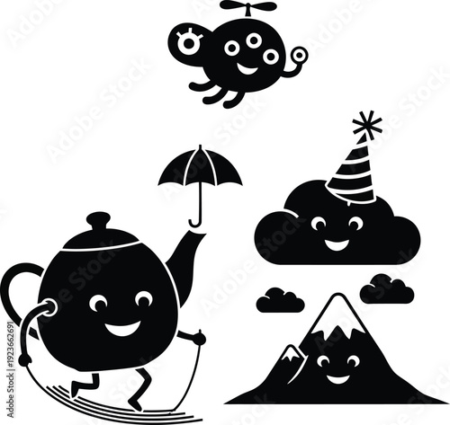 Teapot character jumping rope with smiling cloud mountain and alien silhouette set. Surreal and playful fun