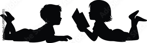 Children silhouette reading book, storytelling vector illustration, learning design art, educational concept symbol, black white childhood graphic