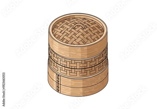 Illustration of a bamboo steamer basket with intricate patterns, viewed from the front, showcasing traditional craftsmanship in a simple setting
