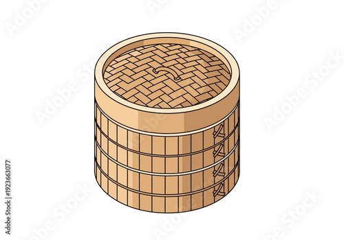Illustration of a wooden barrel with metal hoops from a slightly elevated viewpoint
