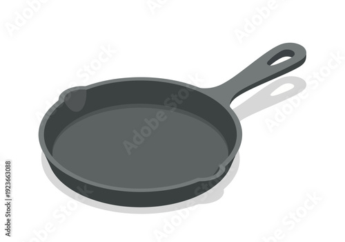 A dark gray frying pan with a handle, empty and isolated on a plain background from a slightly angled viewpoint.