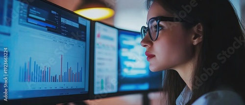 Business woman financial report calculation, cost control, budgeting with business data growth chart.