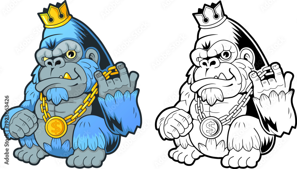 Fototapeta premium Cute king gorilla, funny coloring illustration