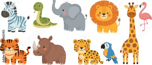 Cute safari animals cartoon set with jungle wildlife vector illustration isolated background