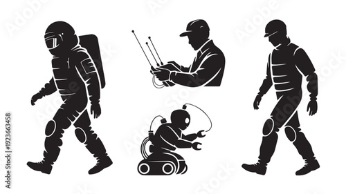 Black Silhouette Illustrations Of Astronaut, Jockey, And Robot For Technology And Innovation Concept