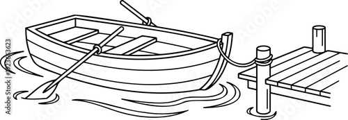 Black and white line art vector illustration of a small wooden rowboat with oars moored to a wooden pier on the water