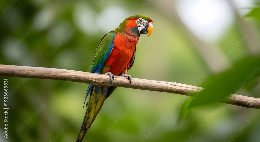 Obraz premium Vibrant red and green parrot perched on a branch in nature animal beauty