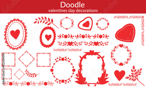 Red whimsical lace frames and valentines day decorations. Oval and heart shapes and doilies with vintage elegance. Crochet, floral elements and borders perfect for branding, scrapbooking, social media