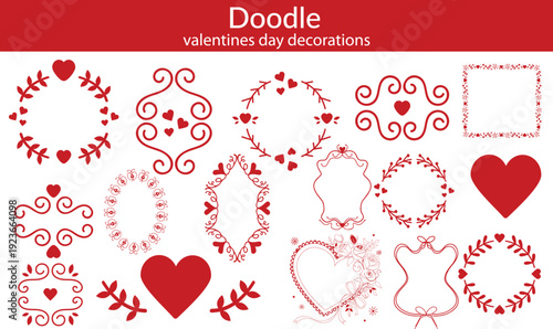 Red whimsical lace frames and valentines day decorations. Oval and heart shapes and doilies with vintage elegance. Crochet, floral elements and borders perfect for branding, scrapbooking, social media