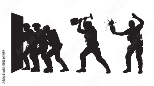 Silhouette Of Special Forces Team Breaching Door With Dynamite And Sledgehammer Vector Illustration For Military And Action Concepts