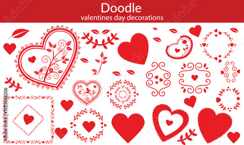 Red whimsical lace frames and valentines day decorations. Oval and heart shapes and doilies with vintage elegance. Crochet, floral elements and borders perfect for branding, scrapbooking, social media