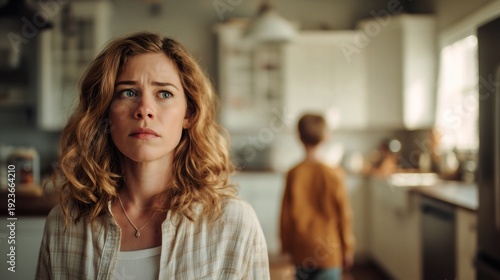 Wallpaper Mural Concerned woman standing in kitchen while child walks away in background at home. Torontodigital.ca