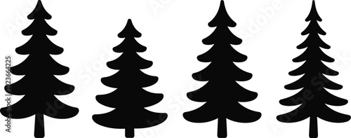 Black pine tree silhouettes vector, forest nature illustration, evergreen design art, minimal landscape symbol, decorative woodland graphic concept