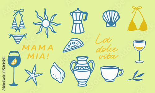 Italian Summer Beach Vacation Vector Icons Set with Sun, Shell, Pizza, Wine and La Dolce Vita Illustration