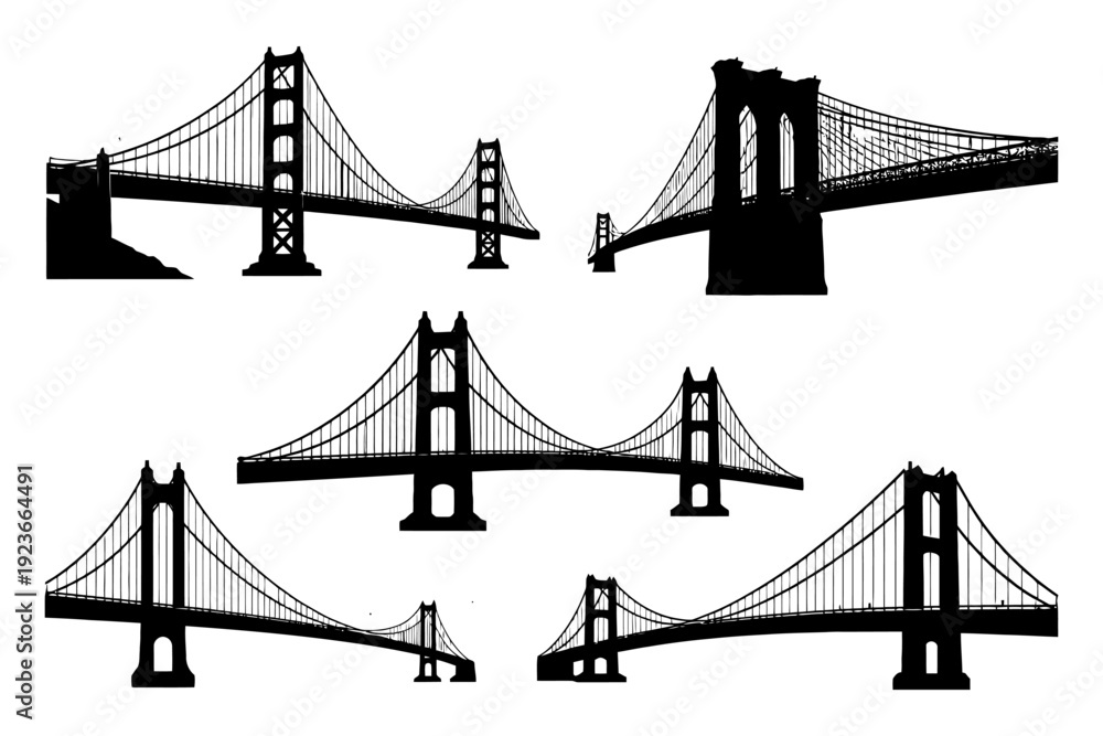 Obraz premium Silhouette collection of iconic suspension bridges.