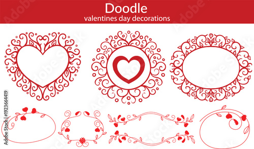 Red whimsical lace frames and valentines day decorations. Oval and heart shapes and doilies with vintage elegance. Crochet, floral elements and borders perfect for branding, scrapbooking, social media